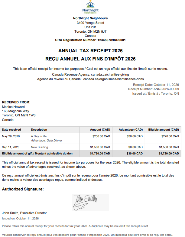 Sample CRA official donation receipt generated by NonprofitStream