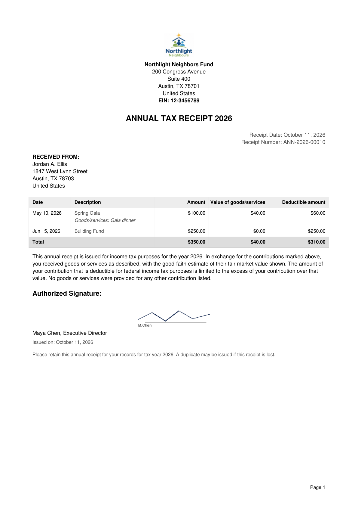 Sample US year-end donation receipt with goods and services disclosure, generated by NonprofitStream